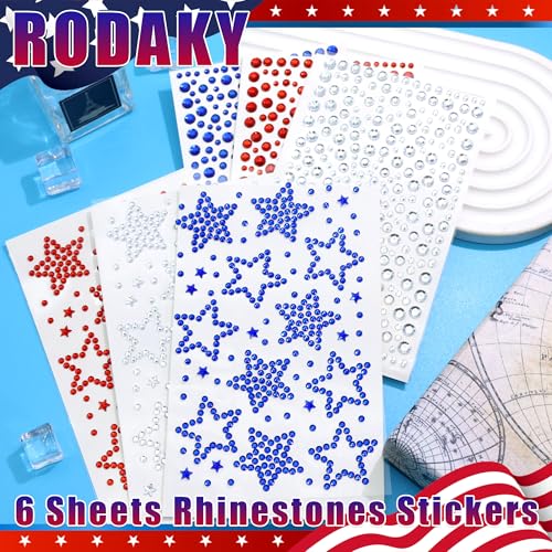 4th of July Star Face Gems - 6 Sheets Self-Adhesive Rhinestones