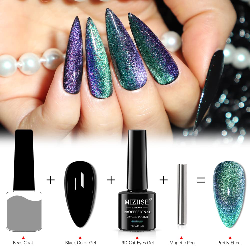 MIZHSE 2 In 1 9D Cat Eye Gel Nail Polish Kit, Upgraded No Need Extra Top Coat, Magnetic Gel Polish Set with Magnet, Shiny Chameleon Magic Galaxy Effect Soak Off Gel Nail Art Gift for Women