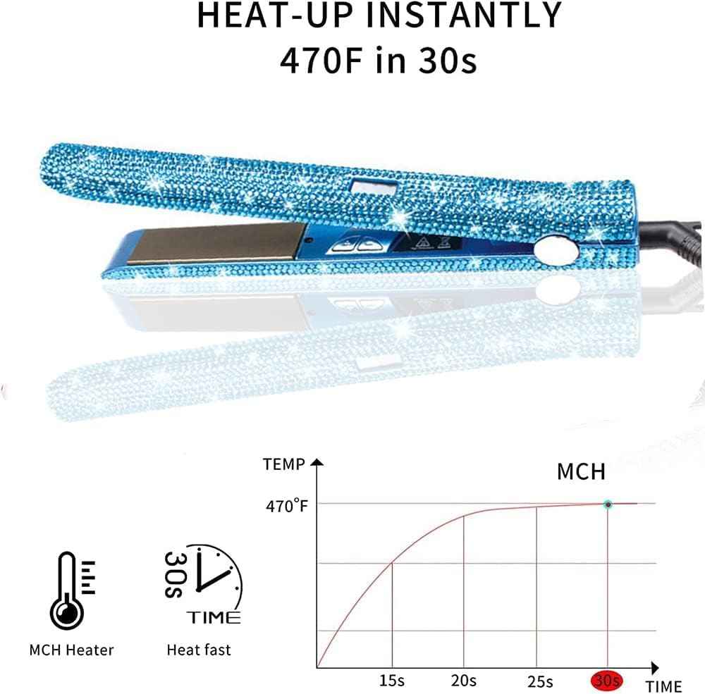 Hair Straightener Titanium Flat Iron with Gorgeous Rhinestone Bling Crystal Diamond, 2 in 1 Hair Straightener and Curler, 60 Min Auto Shut Off, LCD Temp Display (Blue)