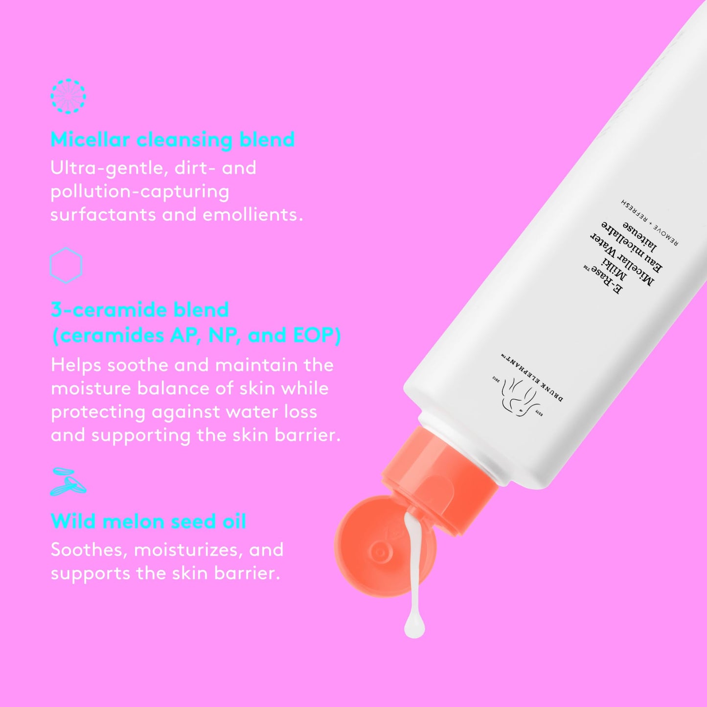 Drunk Elephant E-Rase Milki Micellar Water - 240 ml/8 fl oz - Mild No-Rinse Formula - Clean Clinical Skincare - Cruelty-Free - Dermatologist-Tested - Free of Essential Oils, Silicones, and Fragrance