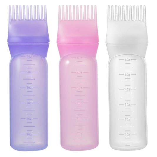 Root Comb Applicator Bottle 6 Ounce Oil Applicator for Hair Dye, 3 Pack Hair Coloring Brush Bottle with Graduated Scale(Pink, Purple, White)