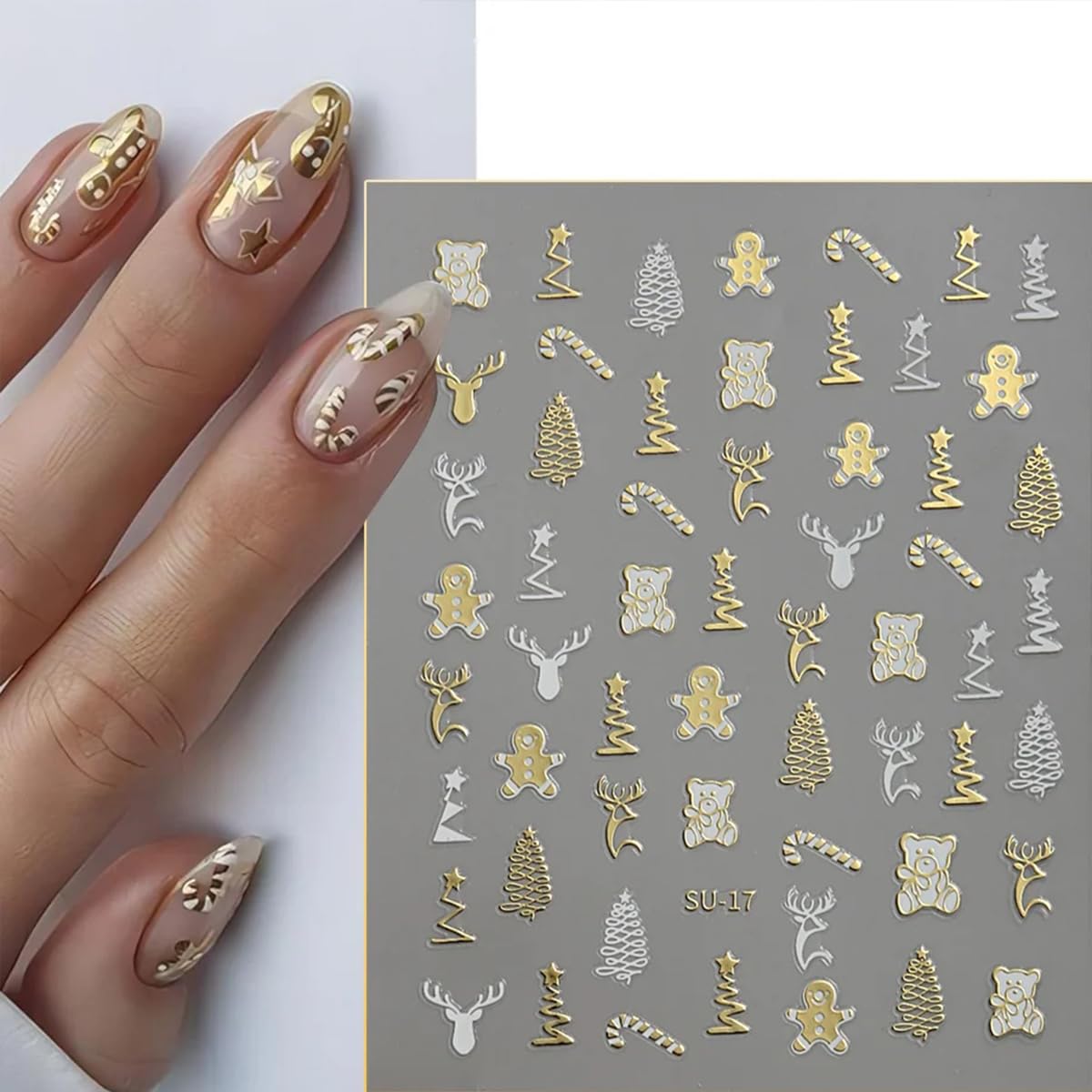 Christmas Nail Art Sticker Decals 8 Sheets Gold Silver Snowflake Nail Decals Elk Star Christmas Tree Gingerbread Man Design Holiday Nail Stickers Xmas Acrylic Nail Art Decorations Supplies for Women