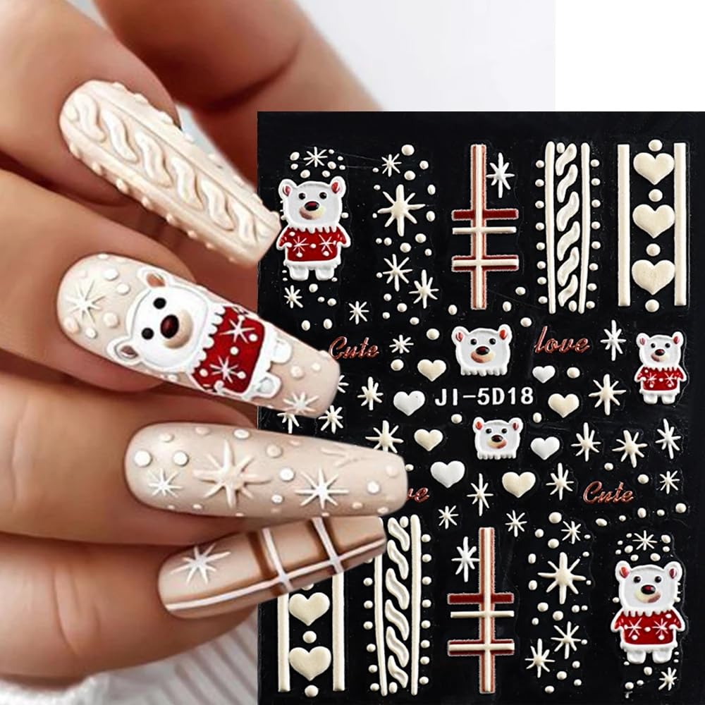 Christmas Nail Art Stickers Decals Deer 5D Embossed Nail Decals 6PCS Santa Claus Winter Snowy Tree Penguin Snowman Christmas Nails Design Holiday Nail Sticker for Manicure Nail Art Decoration Supplies