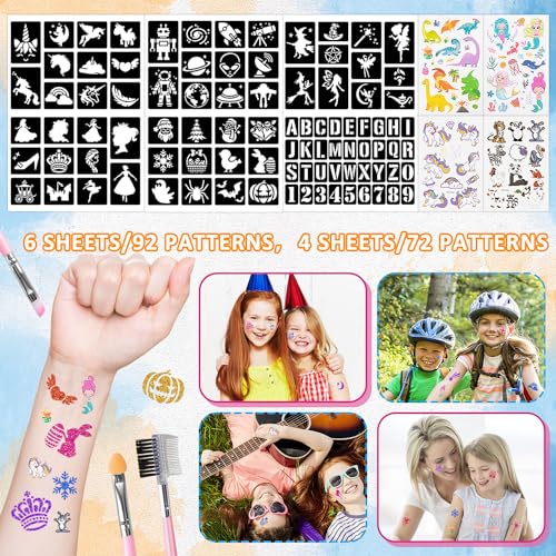 Glitter Tattoo Kit for Kids - 12 Colors, 92 Stencils, 5 Brushes
