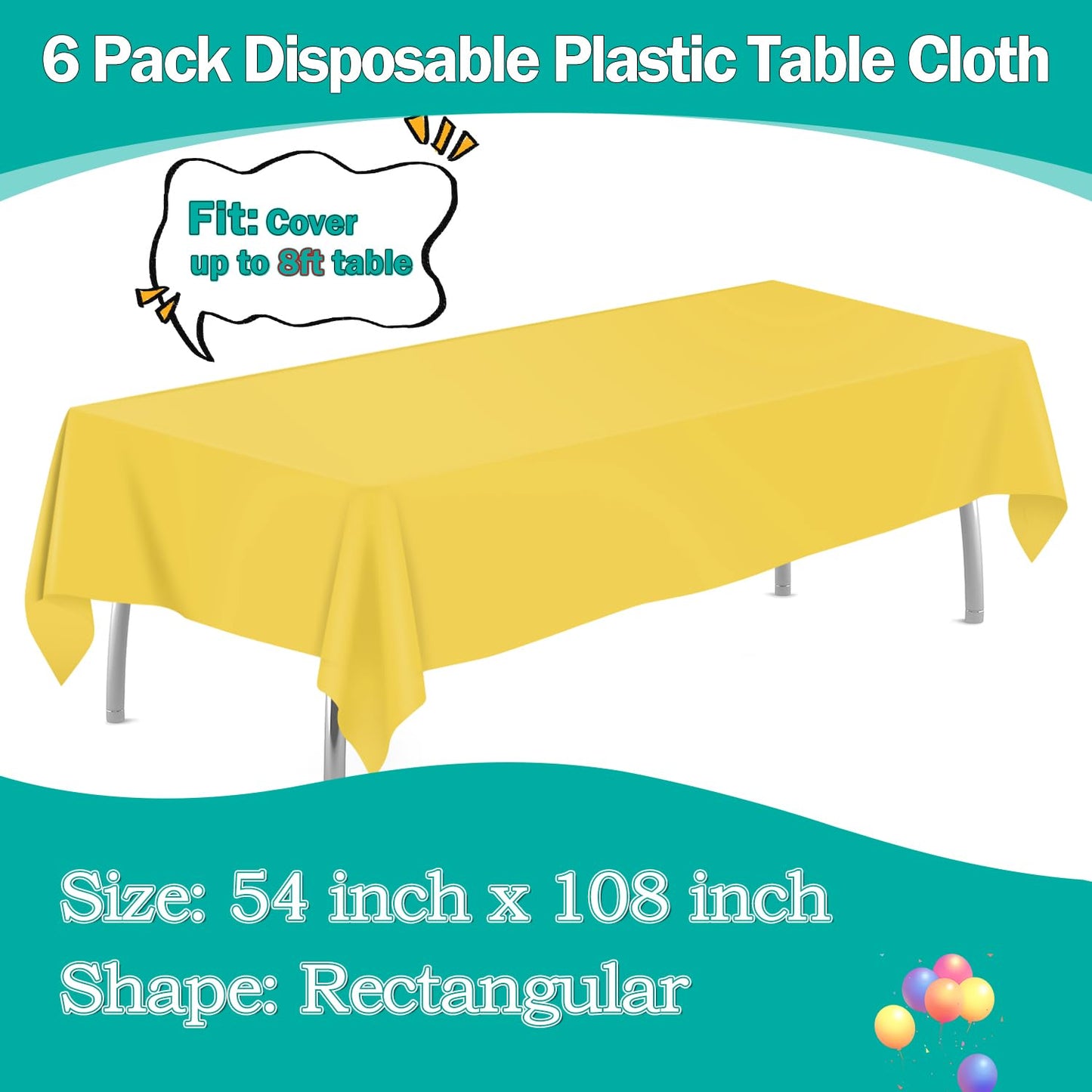 tujol Yellow 6 Pack Plastic Table Cloth 54" x 108", Disposable Tablecloths Rectangle Table Cover, Plastic Table Cloths for Parties