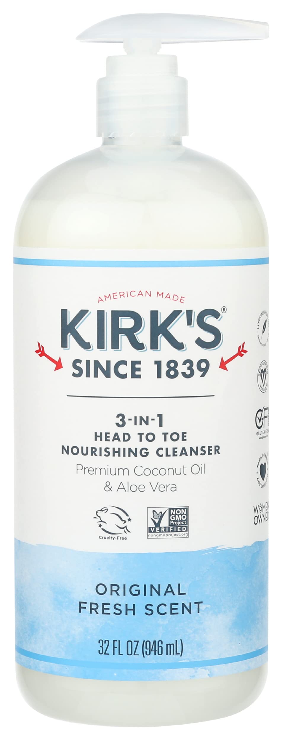 Kirk’s 3-in-1 Head to Toe Clean Body Wash Nourishing Cleanser Original Fresh Scent, Natural Formula, Free of Sulfates, Parabens Free, 32 Fluid Ounce (Pack of 1)