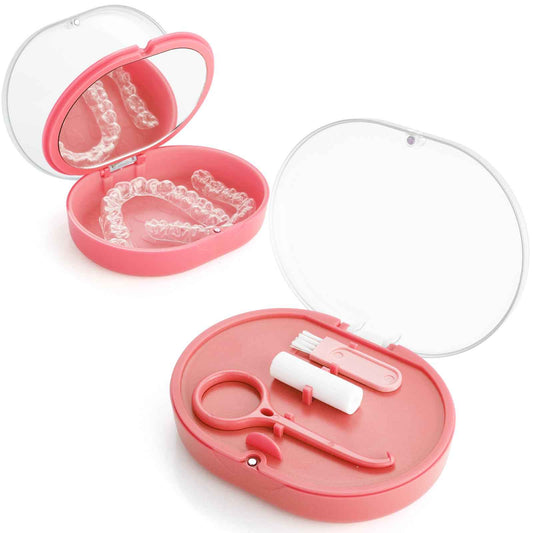 LONGMON Double Layer Retainer Case Portable Aligner Case for Orthodontics Build In Mirror With Removal Tool,Chewies&Cleaning Brush Kit