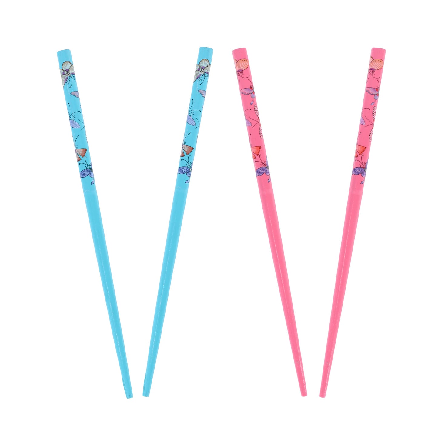 Set of 4 Hair Sticks Hair Chopsticks with Butterflies 7 inches Long - Pink and Blue