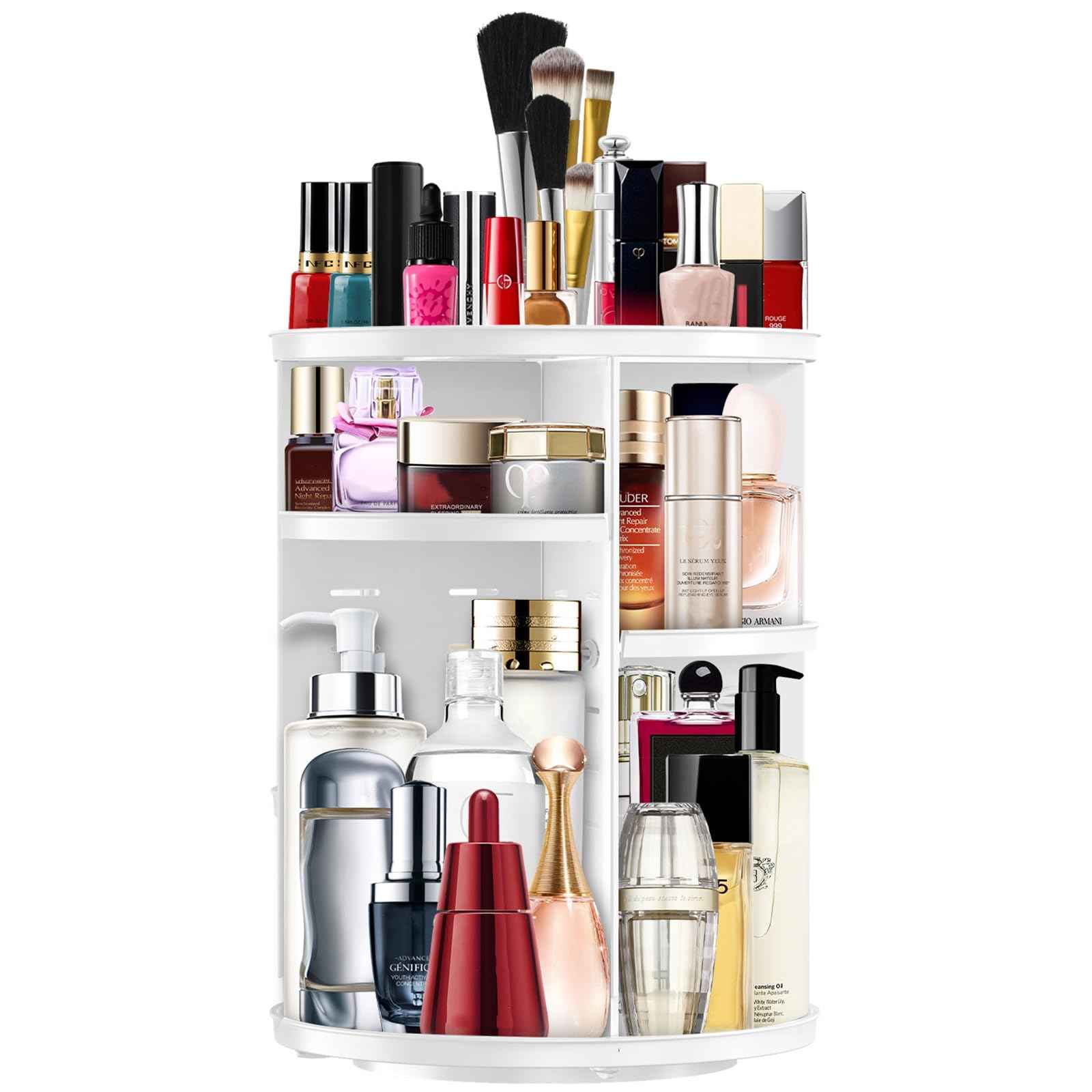 Makeup Organizer 360 Rotating Cosmetic Organizer DIY Adjustable Makeup Carousel Spinning Holder Rack, Large Capacity Cosmetic Storage Box Makeup Brushes Organizer for Vanity Countertop (White)