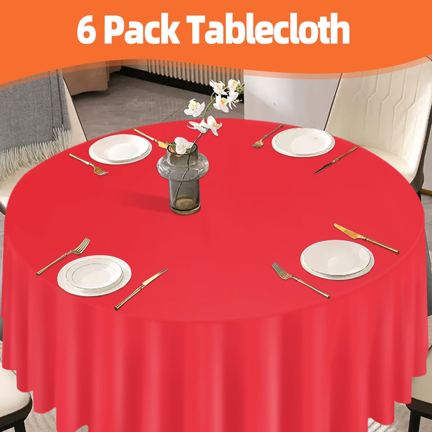 tujol Red 6 Pack Plastic Table Cloth 84", Disposable Round Tablecloth Table Cover, Plastic Table Cloths for Parties