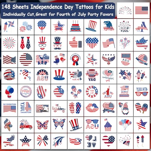 4th of July Temporary Tattoos - 148 Individually Sheets American Flag Tattoos for Kids Women Men Independence Day Party Decorations and USA Party Favors