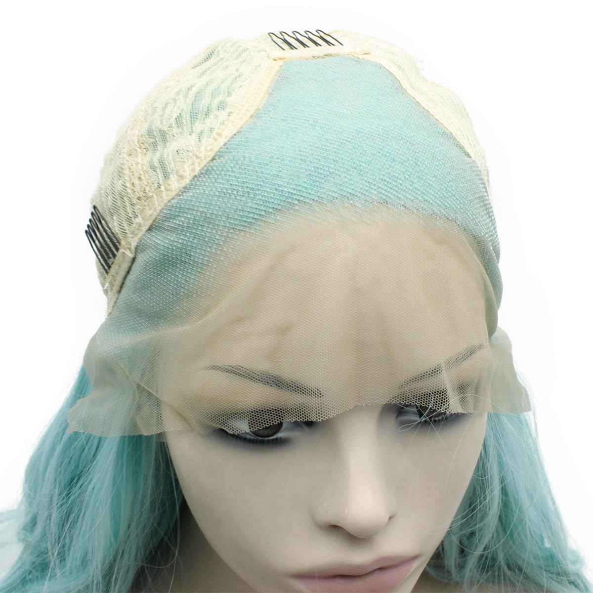 Mxangle Long Wavy Light Blue Half Hand Tied Synthetic Lace Front Wig Fiber Hair Costume Party Wig