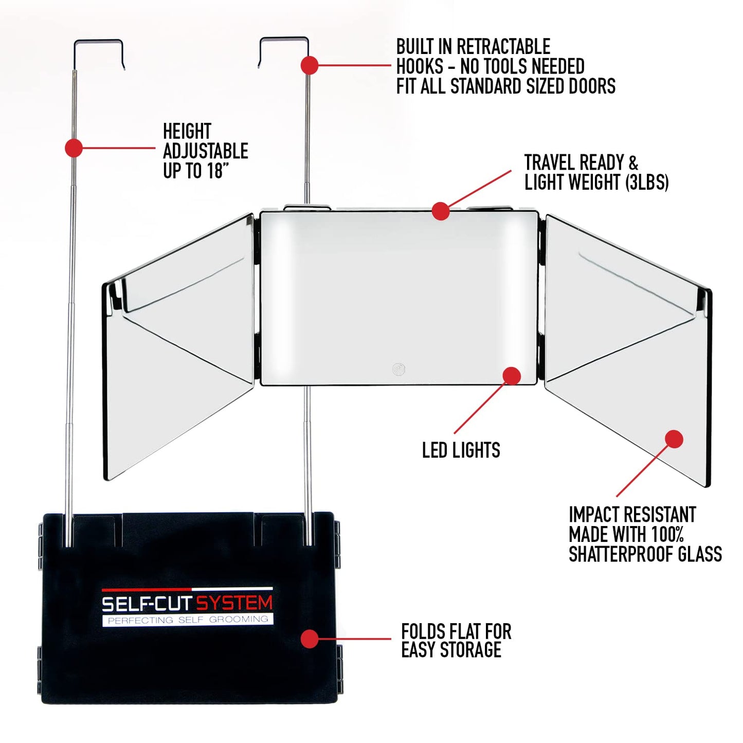 Self-Cut System - 3 Way Mirror for Self Hair Cutting with LED Lights - Barber Mirror - Trifold Mirror - Three Way Mirror - 360 Mirror for Self Haircuts