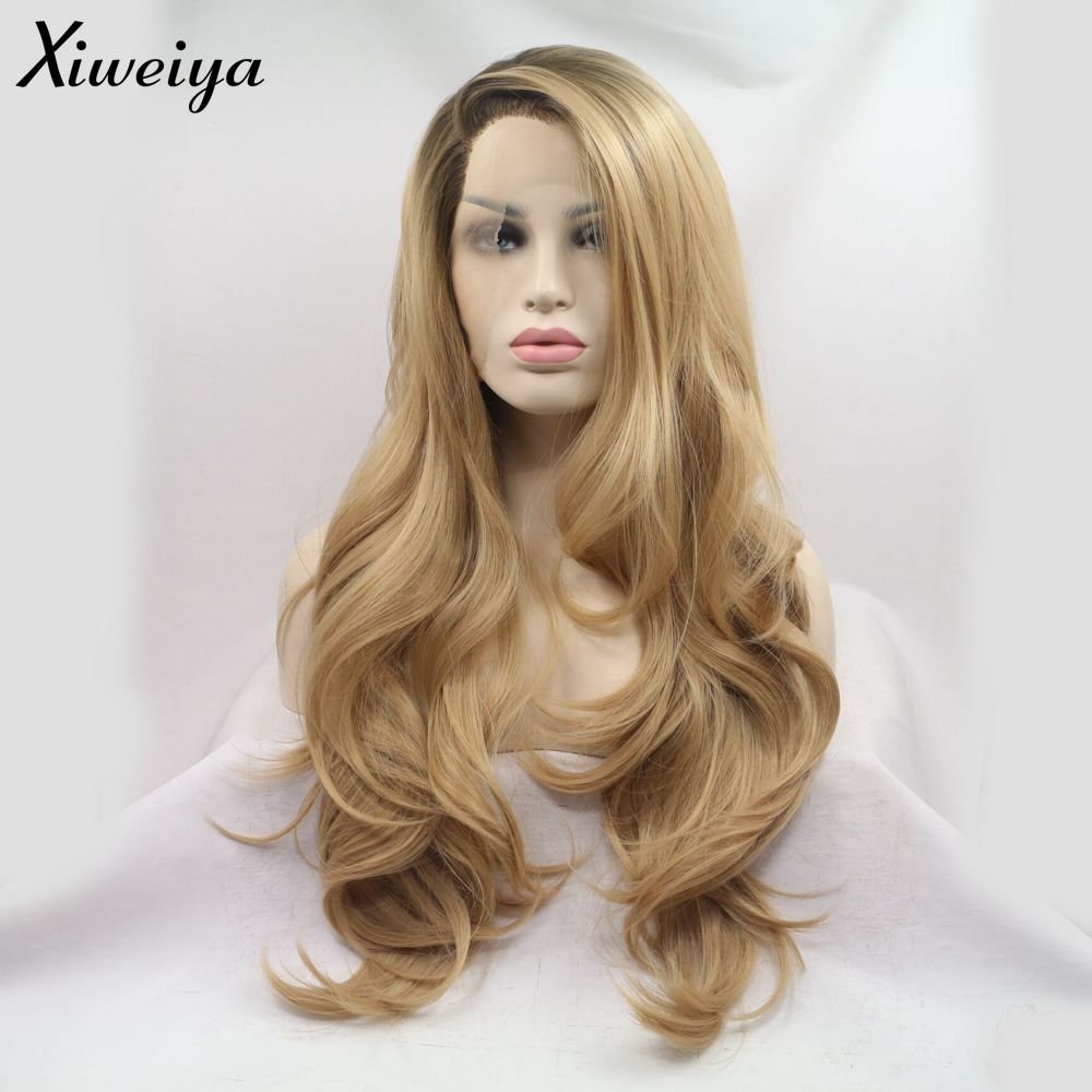 xiweiya Long Natural Wave Ombre Brown Blonde Synthetic Lace Front Wigs with Brown Roots 2 Tones Side Part Wig Heat Resistant Fiber Hair Wigs For Women Replacement Everyday Wigs 24"(Blonde)