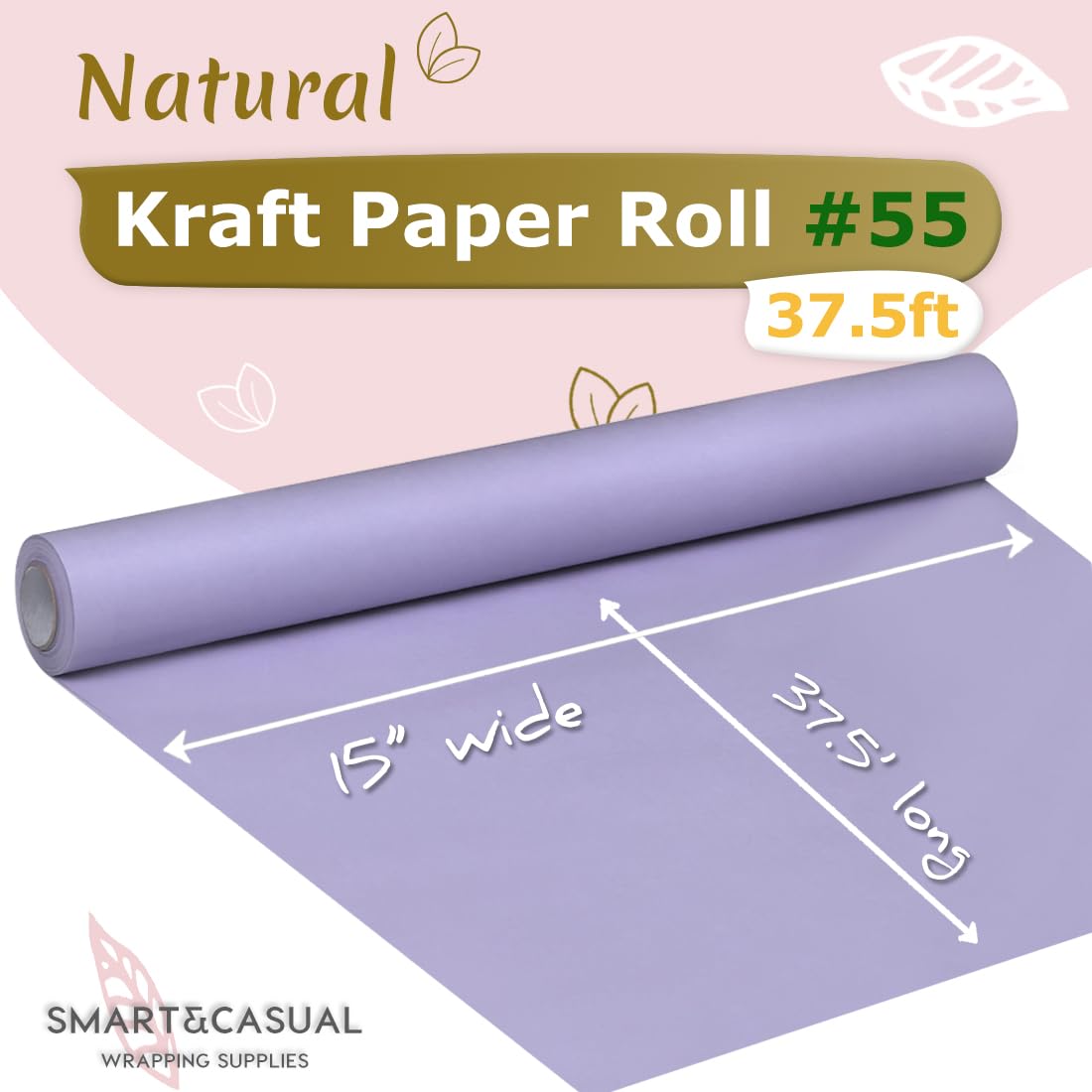 SMART&CASUAL 15" x 450" (37.5') Kraft Paper Roll for Art Craft Supplies Gift Wrapping Moving Packing Kids Painting Drawing Paint Easel Poster Chart Paper (Light Purple, 15"W x 450"L (37.5'))