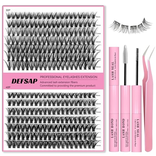 DIY Eyelash Extension Kit, 240pcs lash Extension Kit 9-15mm Mix, 30D 40D Curl Individual Lash Clusters with Bond, and Tweezers