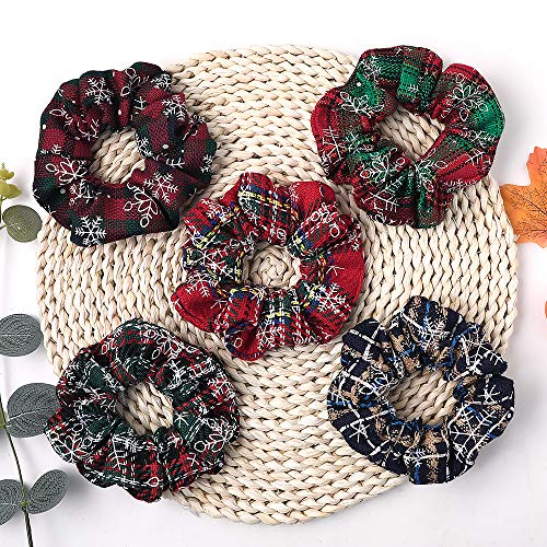 6 Pcs Cute Soft Plaid Elastic Christmas Hair Ties with Holiday Patterns (10 Pieces)