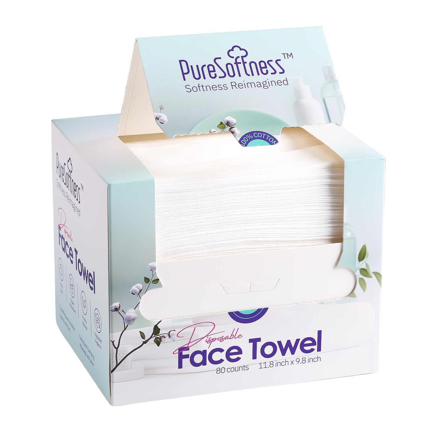 PureSoftness Luxuriously Soft Disposable Face Towel, 100% Cotton, 80 Count, Extra Large 12" x 10" Ultra Soft Dry Wipe for Face Wash, Makeup Remover, Bio-Based Towelette for Sensitive Skin (1 pack)