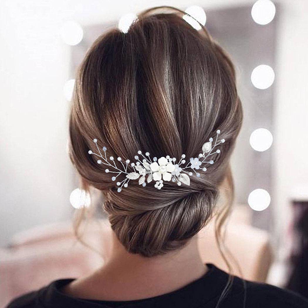 YBSHIN Flower Bride Wedding Hair Comb Silver Leaf Hair Pieces Pearl Bridal Hair Accessories for Women (Style 9)