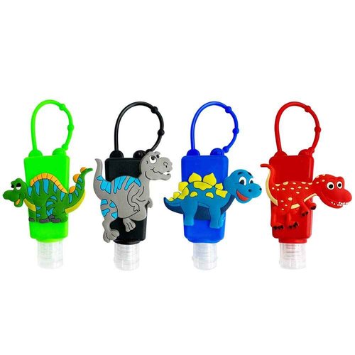 4Pcs Cartoon Kids Empty Travel Bottles Hand Sanitizer Holder with Silicone Case Keychain Carrier, Leak Proof Refillable Portable Travel Containers for Liquid Soap, Lotion (Dinosaur)
