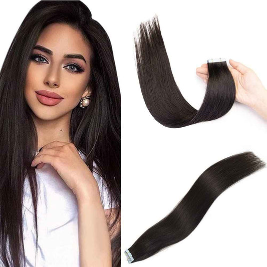 VADES Tape In Hair Extensions Remy Human Hair Natural Black Tape Hair Extensions Real Human Hair 20 Inch Invisible Seamless Skin Weft Extensions 50 Grams 20 Pieces