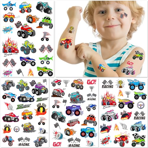 75 PCS Toddler Tattoos Hot Wheels Birthday Decorations Hot Wheels Party Favors, Kids Tattoos Temporary for Boys Monster Truck Racing Car Flag Fake Tattoo Stickers