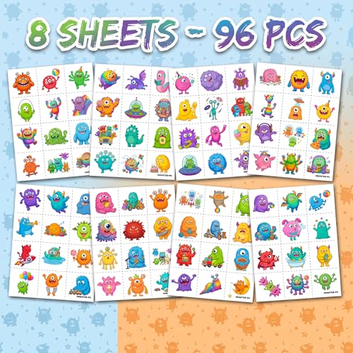 96 PCS Cute Monster Temporary Tattoos for Kids