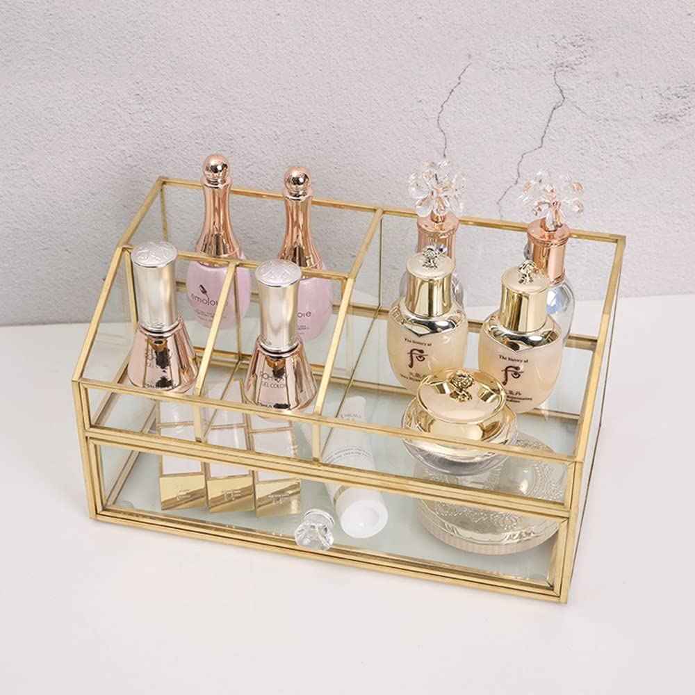 bofeiull Glass Makeup Brush Holder, Makeup Brush Organizer Jewelry Display Box, Nordic Style Elegant Glass Makeup Organizer Nail Polish Lipsticks Eyeliners Holder for Vanity Bathroom Bedroom Office