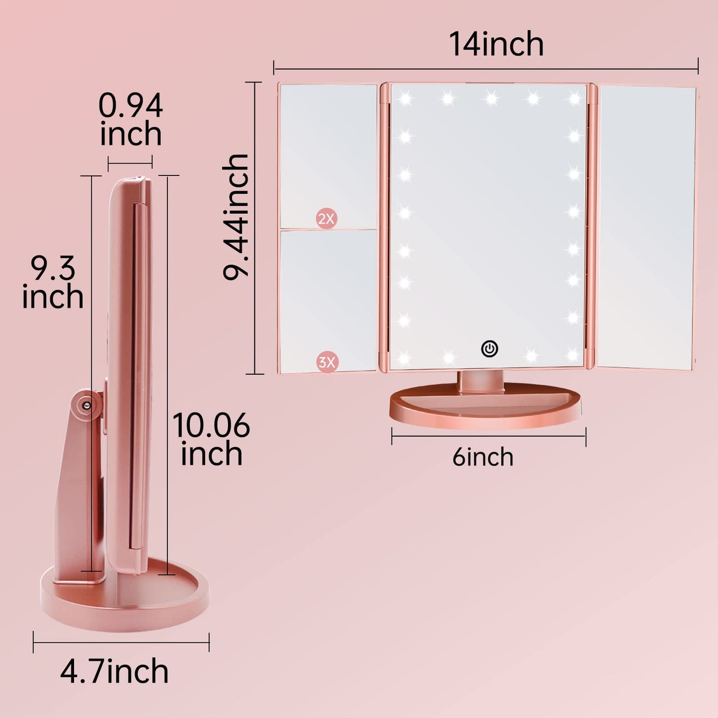 FUNTOUCH LED Lighted Makeup Vanity Mirror with 21 LED Lights, 10X/3X/2X/1X Magnifying Tri-fold Makeup Mirror with Touch Screen,Dual Power Supply,180° Adjustable Rotation,Countertop Cosmetic Mirror