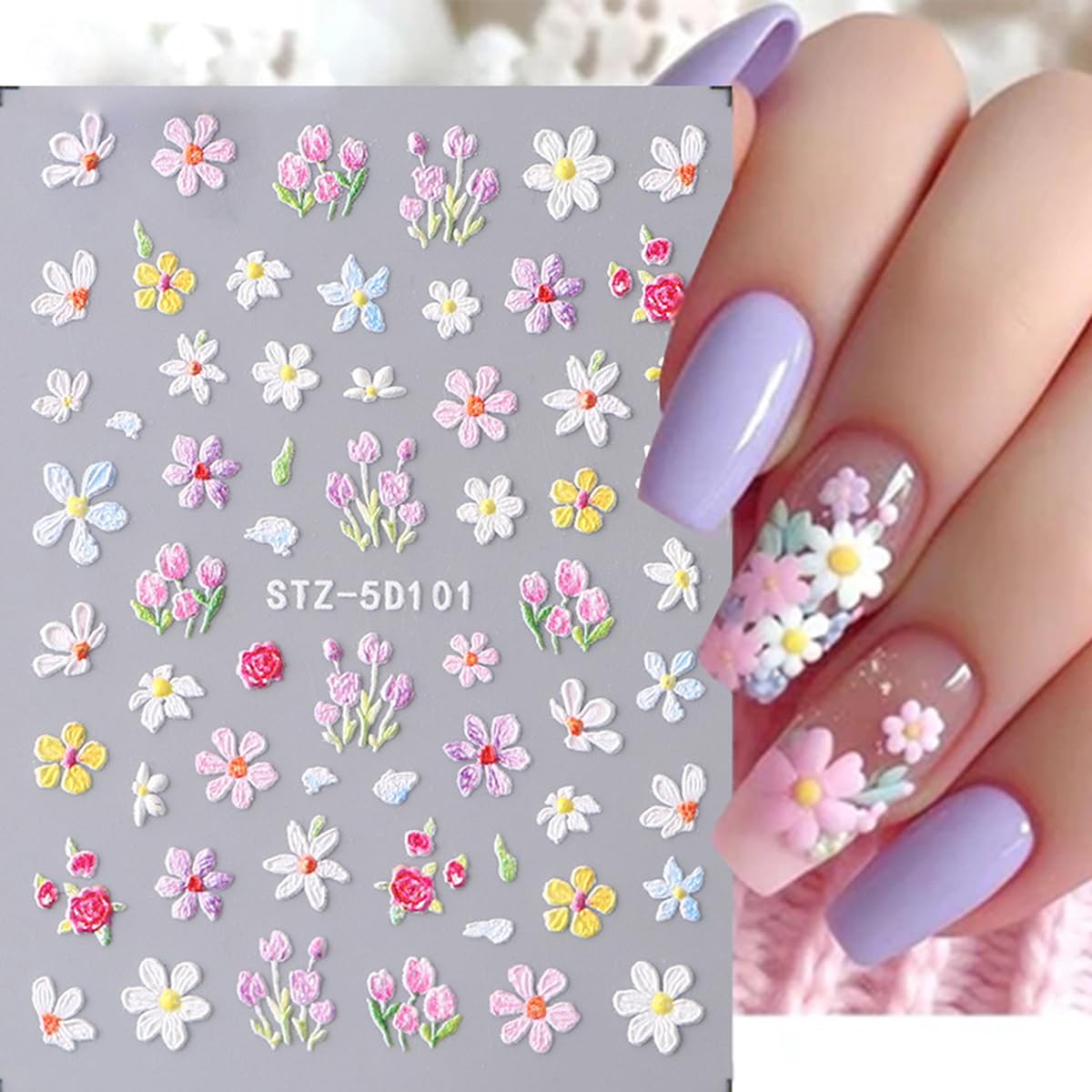 3PCS Flower Nail Art Stickers 5D Embossed Nail Decals Spring Floral Nail Sticker Self Adhesive Nail Art Supplies Three-Dimensional Frosted Small Daisy Flowers Nail Design for Women Nail Decoration