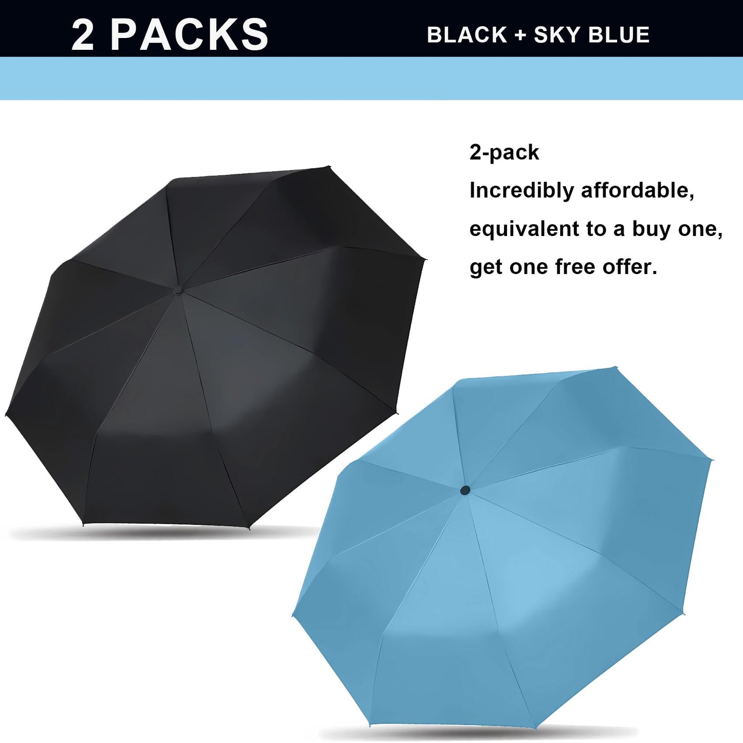 SIEPASA Two Packs Auto Open & Close Small Travel Umbrella Compact for Backpack-Umbrellas for Rain, Lightweight Strong Mini Portable Umbrellas for Men and Women.. (Black & Light Blue, 2 Pack)