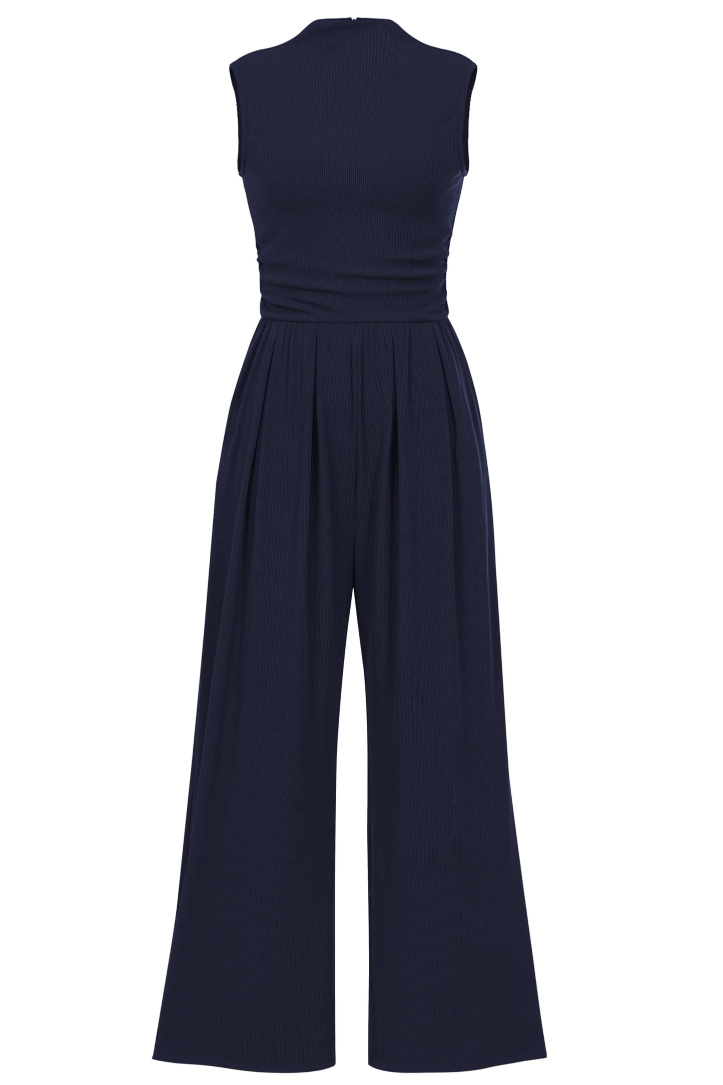 PRETTYGARDEN Womens Summer Jumpsuits Dressy Casual One Piece Outfits Sleeveless Mock Neck Wide Leg Pants Rompers with Pockets (Navy,Small)