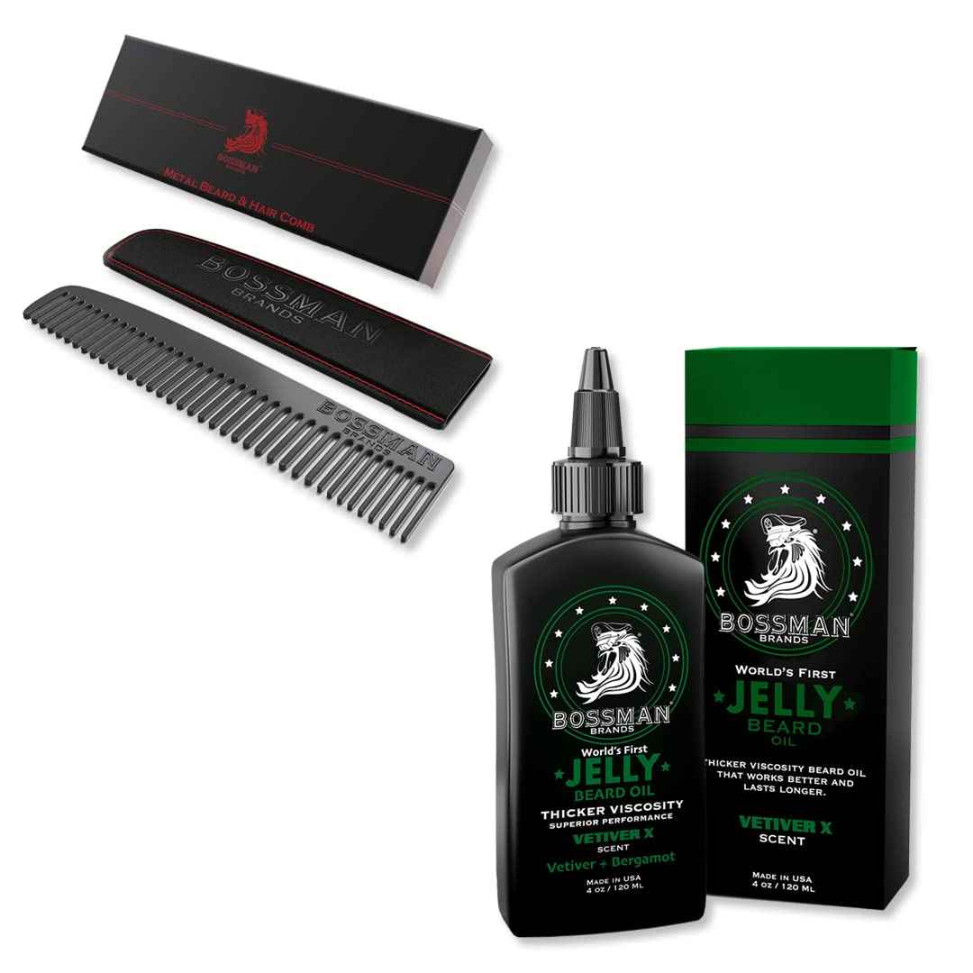 Bossman Men's Grooming Kit: Metal Comb and Beard Oil Jelly