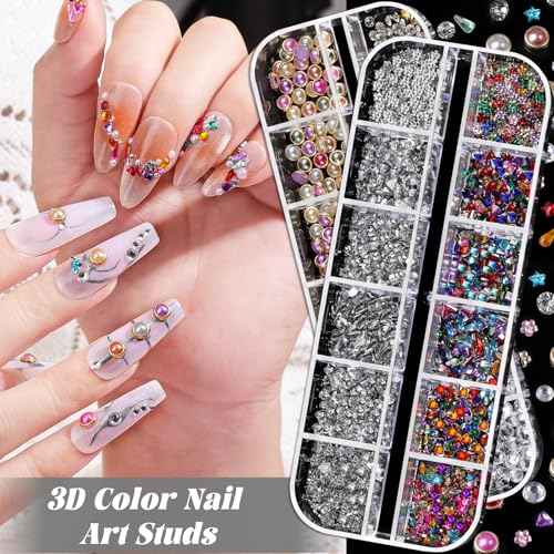 Nail Charms and Gems, Charms for Nails Design Kit with 10 Boxes 3D Nail Charms Colorful Clear Flatback Rhinestones Pearls,Diamonds,Picker Tools,Rhinestone Stickers