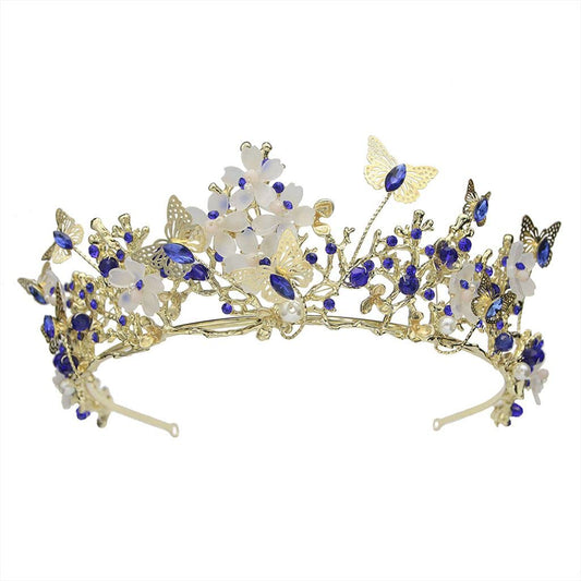 Yunyuebridal Bridal Crown Baroque Pearl Rhinestone Crown And Tiara Butterfly Hairband Wedding Hair Accessories Princess Crown Bride Tiaras (Royal Blue)