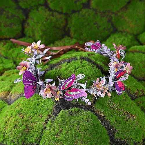 MOSTORY Handmade Purple Butterfly Flower Crown - Fairy Headband Floral Elf Crown Woodland Circlet for Women Girls Renaissance Halloween Festival Cosplay Party Photo Shoot