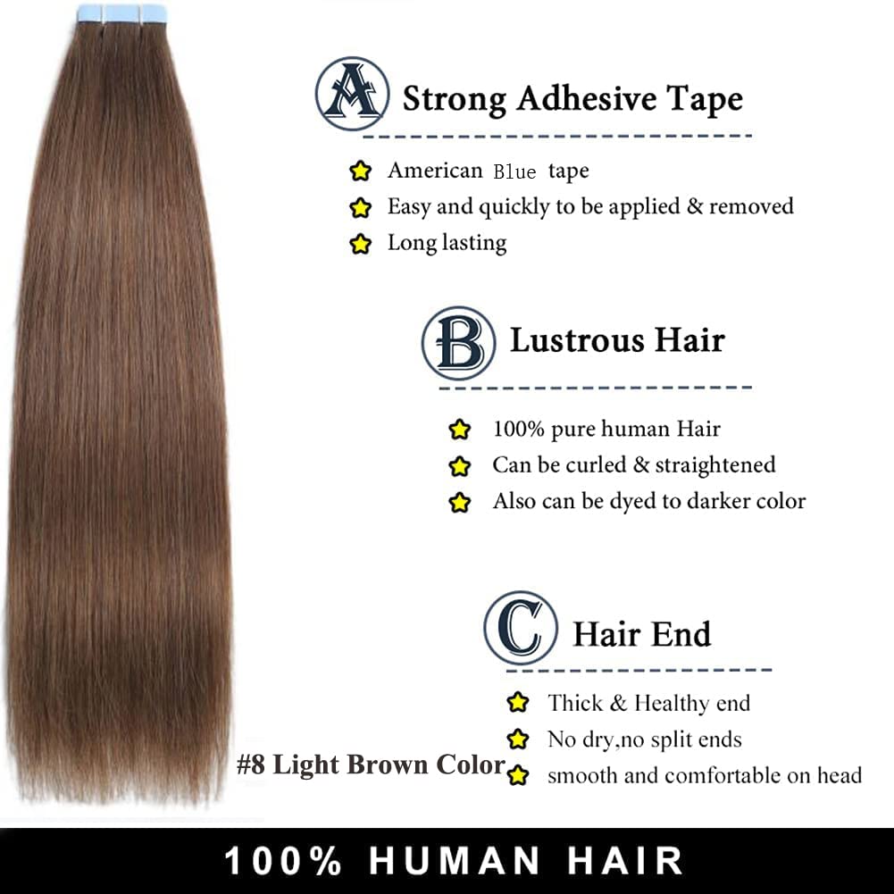 Amella Hair Tape in Hair Extensions Human Hair 12 inches 40g/pack 20pcs Straight Seamless Skin Weft Jet Black Tape Hair Extensions (12 inches #8 Light Brown)