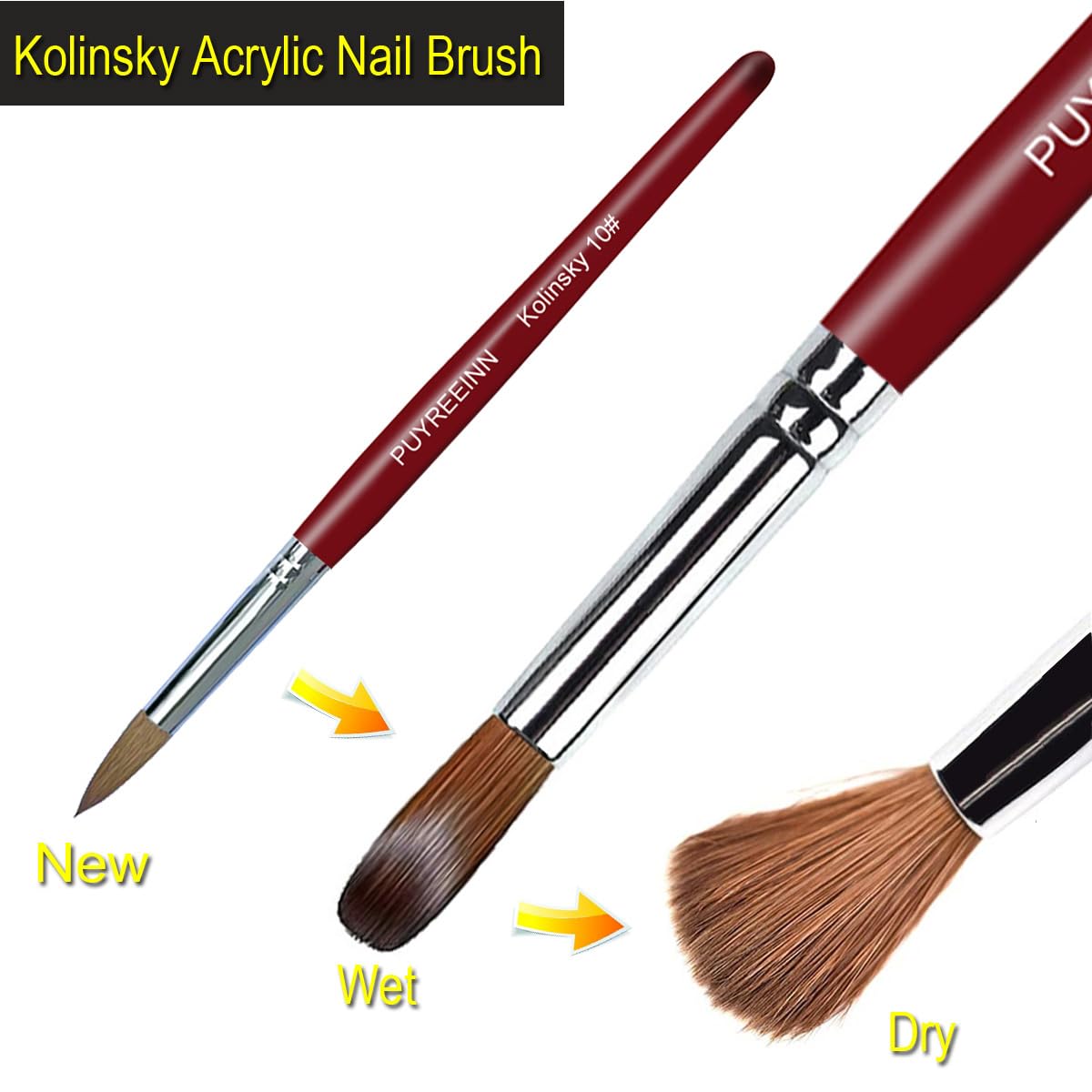 PUYREEINN Acrylic Nail Brush with Kolinsky Sable Hair and Red Wooden Hand, Round Professional Gel Brush for Acrylic Power and Nail Extension Size 8,10,12 (Size8 and Size12)