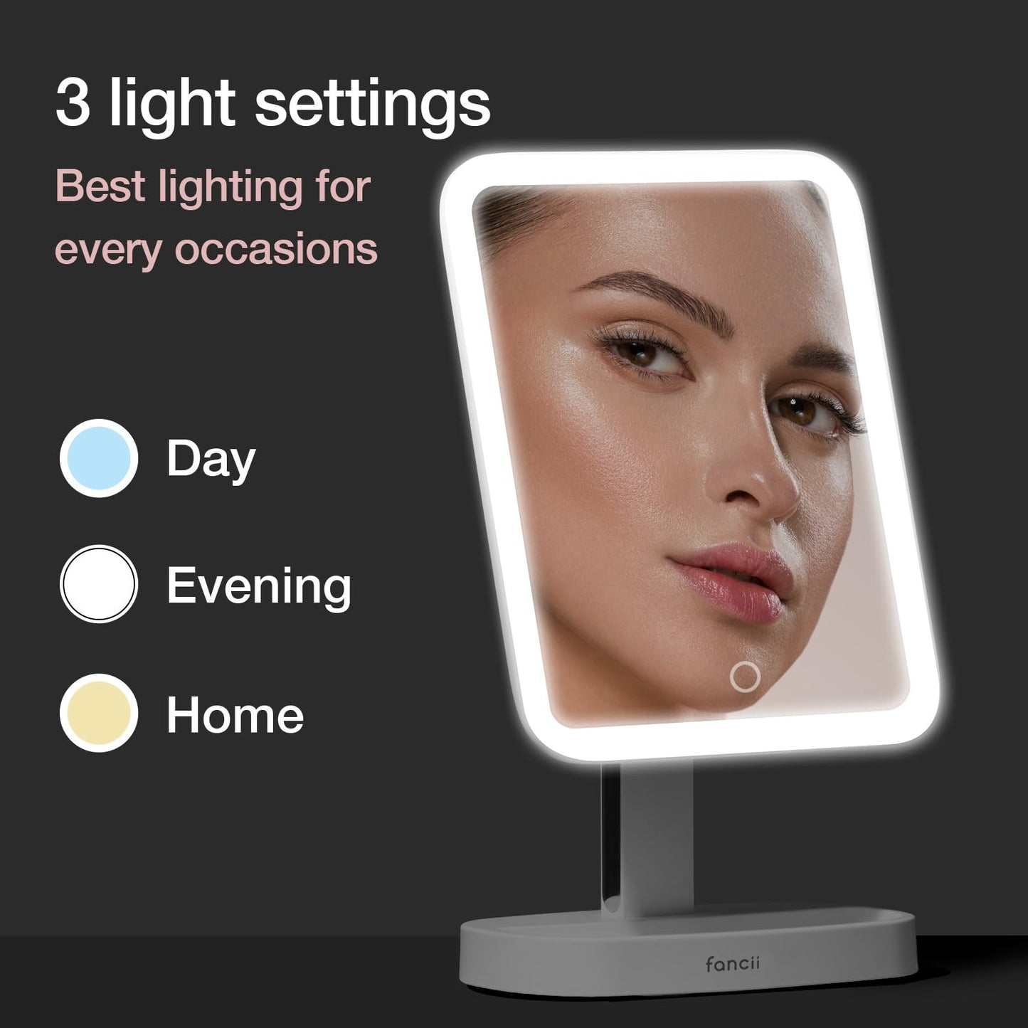 Fancii LED Makeup Vanity Mirror with 3 Light Setting and 15x Magnifying Mirror - Choose Between Soft Warm, Natural Daylight, or Neutral White Lights - Dimmable Countertop Cosmetic Mirror - Aura