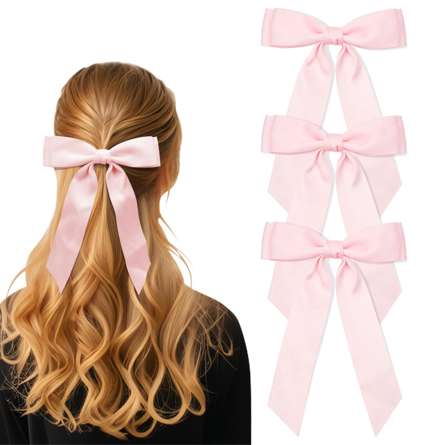 3Pcs Pink Hair Bows for Women Double-Layer Long Tail Bow Hair Clip Hair Ribbon Ponytail Holder Hair Accessories for Girls Toddlers