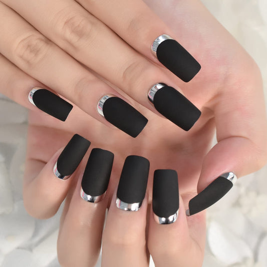 ELEVENAIL Matte Black Silver Metallic French Press on False Nails Medium Length Square Salon DIY Manicure Reusable Fake Acrylic Christmas Nail Art Tips with Jelly Adhesive Tabs Nail File