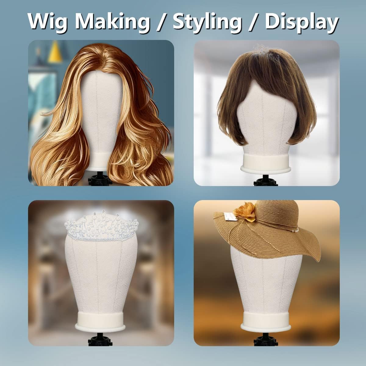 Ginogend 22 Inch Wig Head, Wig Stand Tripod with Head, Canvas Block Head Mannequin Head Set for Making Wigs with Wig Caps, Table Clamp, T Pins Set, C Needles, Hair Brush&Clips