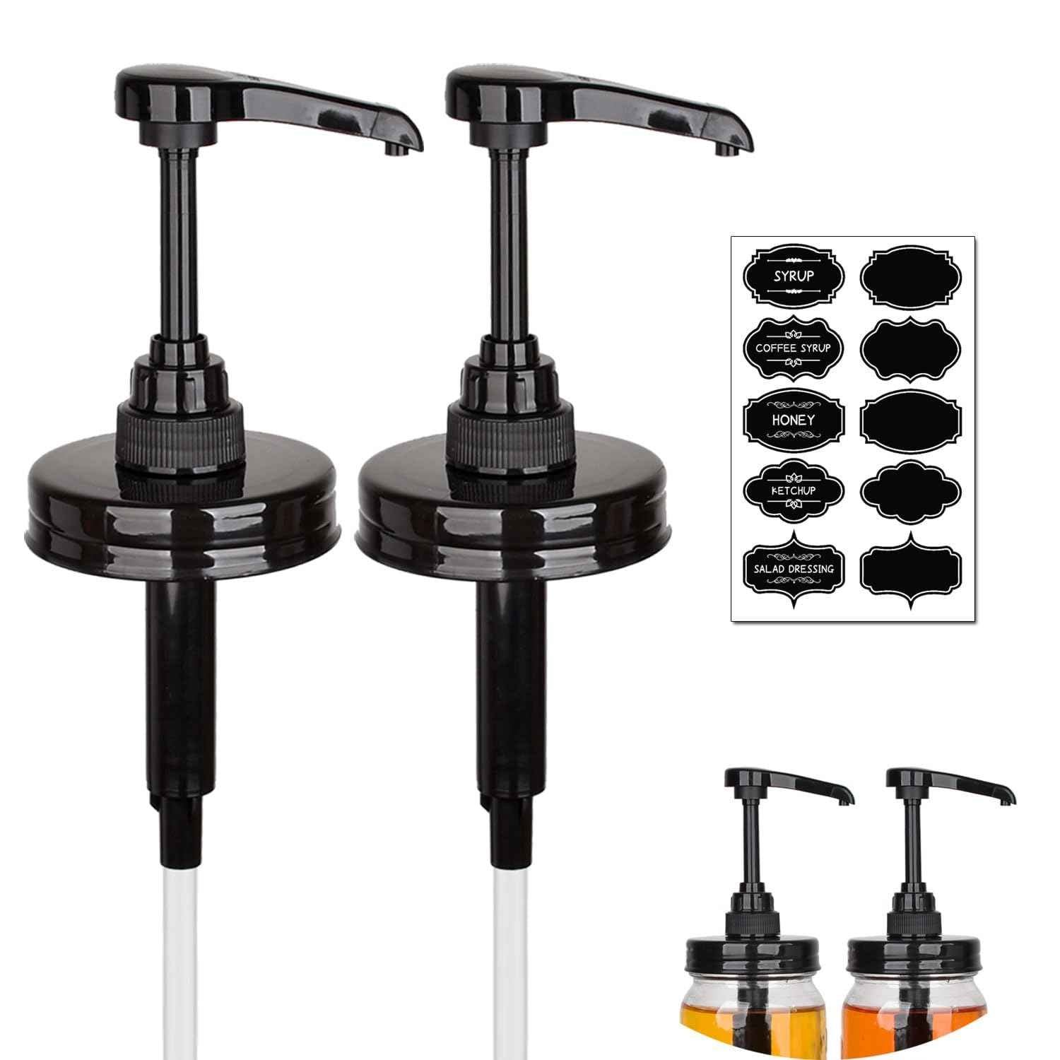 2 Pack Mason Jar Syrup Dispenser Pump Lids, Coffee Syrup Dispensers for Regular Mouth Mason Jars with Rust Proof Plastic Pumps and lids, Kitchen Food Grade Honey Dispenser Pump, Black