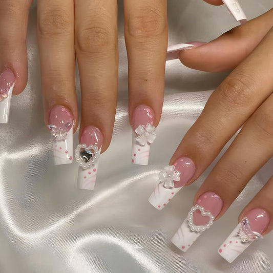 24Pcs Press on Nails Long Sweet Fake Nails Cute Butterfly Glue on Nails Square Shaped Acrylic Nails with Pearl Love Flower Designs White French False Nail Tips Long Square Stick on Nails for Women