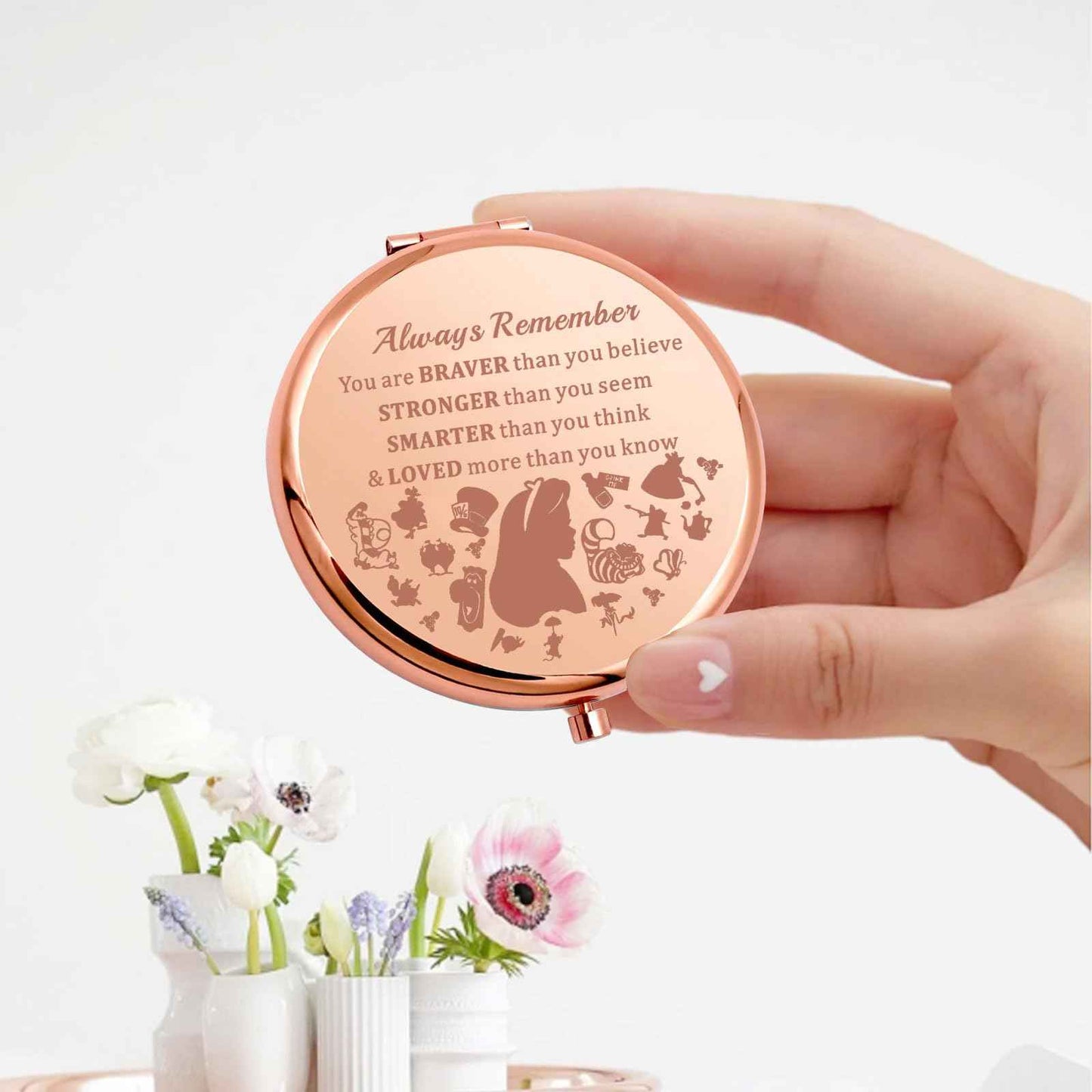 KEYCHIN Alice Fans Pocket Mirror Alice Fairy Tales Gift Always Remember You are Braver Stronger Smarter Than You Think Compact Makeup Mirror(Alice Always-RG)
