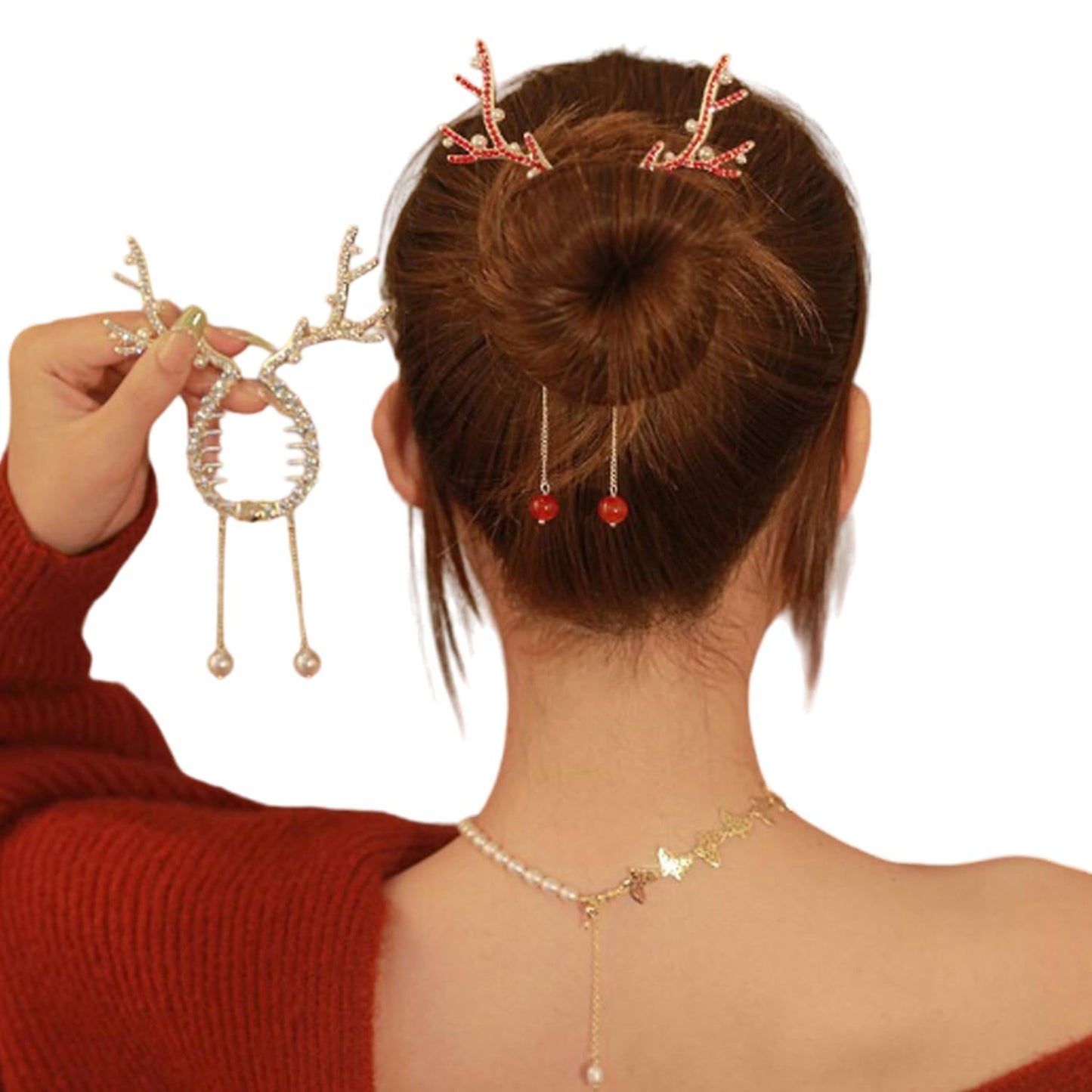 2Pcs Christmas Hair Clips Winter Reindeer Ponytail Bun Holder Metal Elk Hair Claw Clip for Ponytail Hairstyle Christmas Hair Accessories with Rhinestone Pearl Design Reindeer Claw Clips for Women Kids