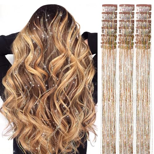 Pack of 18 Pcs Clip in Hair Tinsel Kit, 23.6 Inch Heat Resistant Glitter Tinsel Hair Extensions, Fairy Hair Sparkle Strands Party Birthday Gift Hair Accessories for Women Girls Kids(Gold)