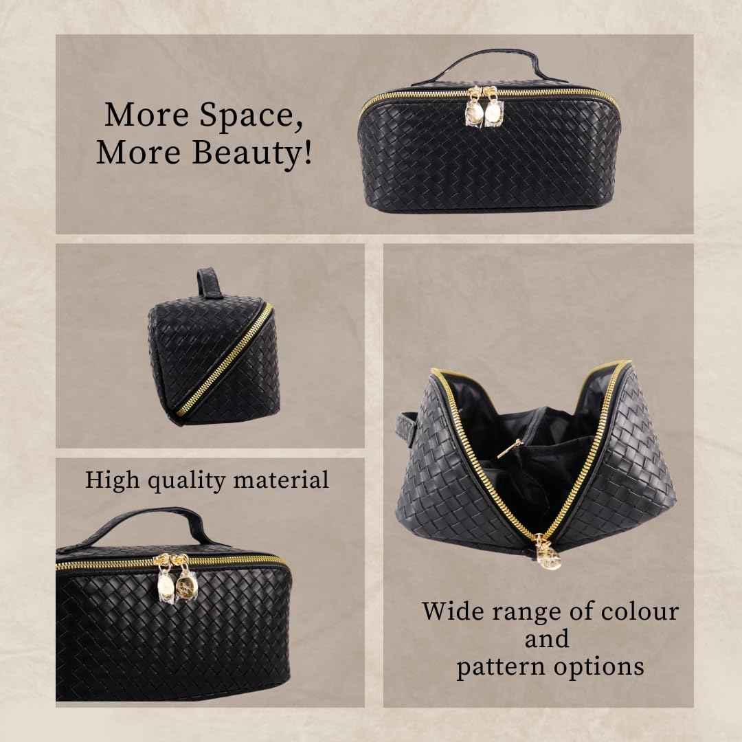 Large Capacity PU Leather Makeup Bag Organizer – Waterproof Travel Cosmetic Bag with Divider, Open Flat Design, Toiletry Bag for Women (Checkered Black)