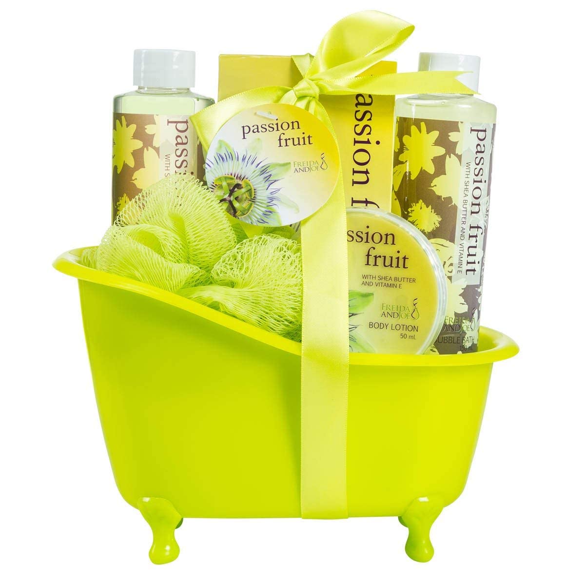 Home Spa Bath Basket Passion Fruit Fragrance Bath & Body Set For Women Contains Shower Gel, Bubble Bath, Body Lotion, Bath Salt in Green Tub