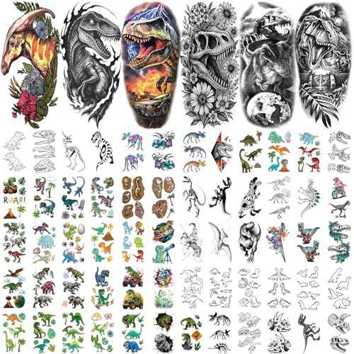 77PCS Dinosaur Temporary Tattoos for Kids Teens, 17PCS Half Sleeve Tyrannosaurus T-Rex Triceratops Pterosaur Kids Temporary Tattoos, 60PCS Raptor Fake Tattoos Stickers Cosplay Birthday Party Supplies